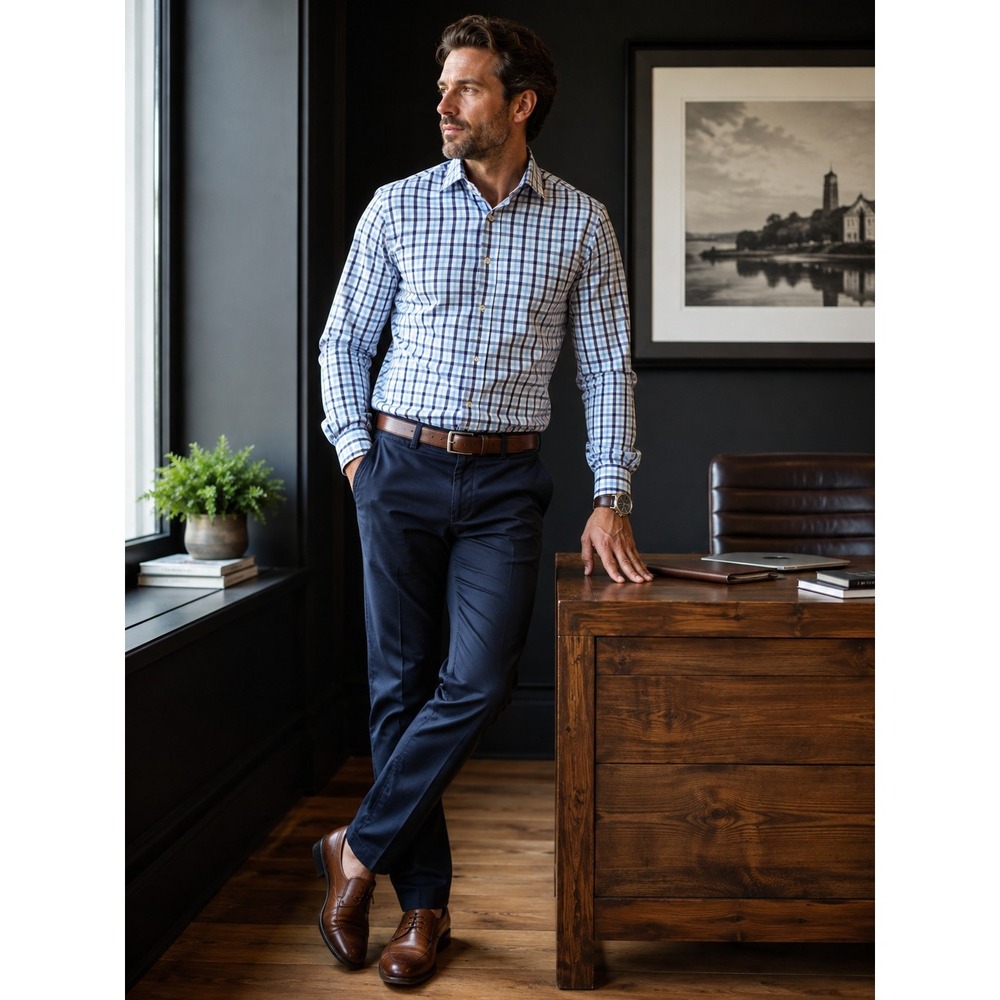 Eton Men's White Navy Plaid Button-Down Shirt Slim Fit Size 15.5 / 39
